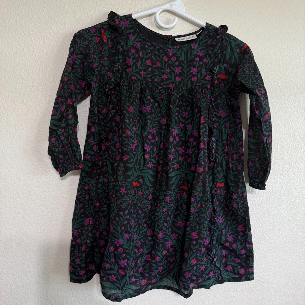 Roller Rabbit Dress Kid 6 Black Green Floral Ruffle 100% Cotton Pullover Outdoor